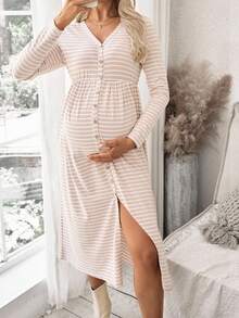 SHEIN 哺乳条纹V领休闲长袖连衣裙 - 卡其色 - 查看 6