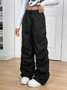 Tween Girl Casual All-Match Versatile American Street Fashion Pleated Cargo Pants, Straight Leg