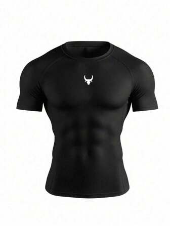 Manfinity Sport Corelite Herren Bull Head Muster Rundhals Raglan Ärmel Kurzarm Sport T-Shirt Kompressionsshirt Herren Shirts Gym Workout Tops Gym Top Kompressionsshirt atmungsaktiv Figurbetontes Shirt Rundhals