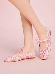 CUCCOO DOLLMOD Floral Embroidered Mesh & PU Bow Decor Elegant Flat Sandals For Christmas - Pink - View 5