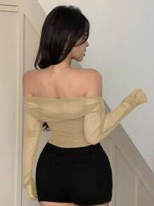 DAZY Women's Elastic Mesh Sheer Off-Shoulder Top, Spring/Summer Long Sleeve Top - Apricot - View 2