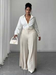 Maweii 夏季褶皱纹理面料杏色休闲、度假和通勤宽松裤 - 杏色 - 查看 1