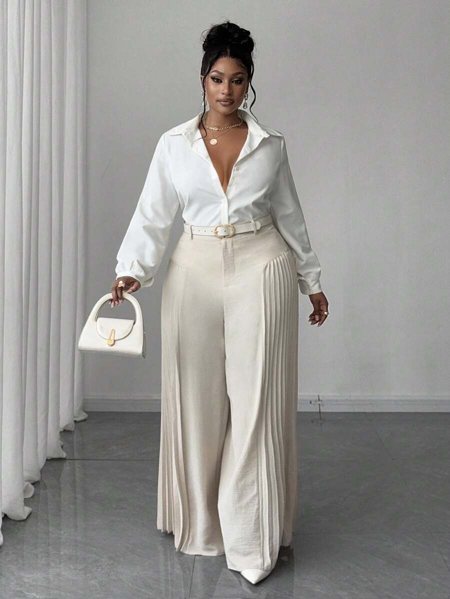 Maweii 夏季褶皱纹理面料杏色休闲、度假和通勤宽松裤 - 杏色 - 查看 1