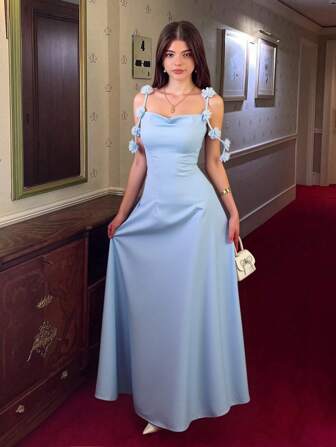 Selianne ชุดลูกไม้แชมเปญสตรีเรียบหรู เสน่ห์ อ่อนหวาน แฟชั่นวัยรุ่น แขนกุด สายเดี่ยว เอวเข้ารูป ตกแต่งดอกไม้ ผ้าซาตินสีพื้น