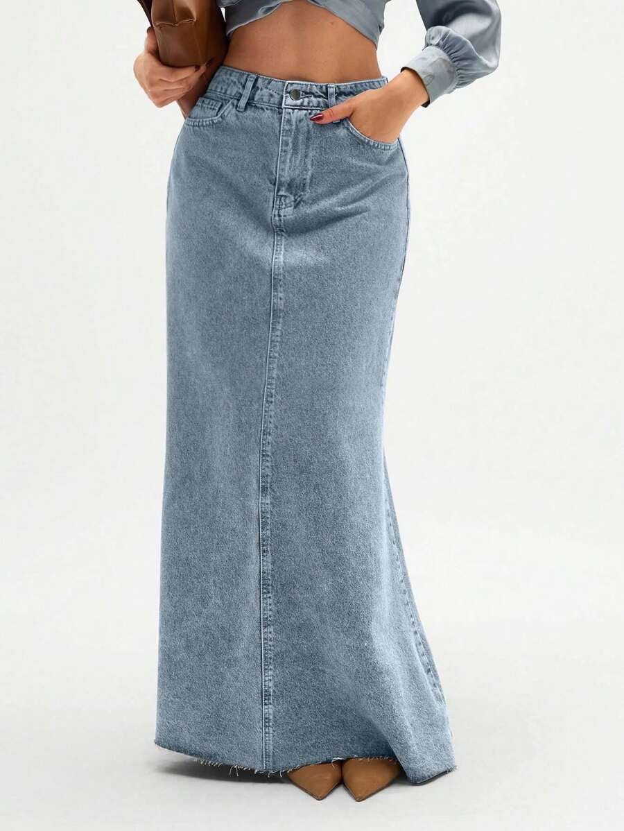 SHEIN Tall Women's Summer Casual Washed Diagonal Pocket Fishtail Hem Denim Skirt - Baby Blue - View 1