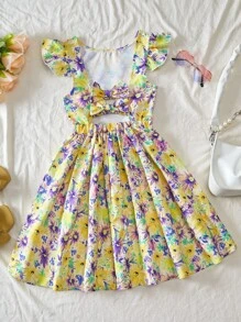 SHEIN Lunivi Vestito da ragazza adolescente con stampa floreale, fiocco sulla schiena, maniche corte a cappuccio, vita