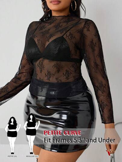 SHEIN PETITE CURVE Plus Size Women Floral Lace Sheer Round Neck Long Sleeve Top