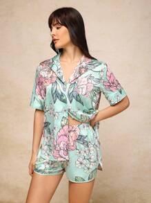 JIAN LASALA Women's Floral Satin Pajama Short Sleepwear With Short Sleeve Top And Mini Shorts Pjs Sleepwear For Women Pj For Women Short Sleeve Floral Pajama Set Women Summer Pajama Set Summer Pj Floral Pj