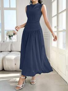 Modelyn 女士 Design Sense 立领无袖荷叶边中长连衣裙 - 藏蓝色 - 查看 6