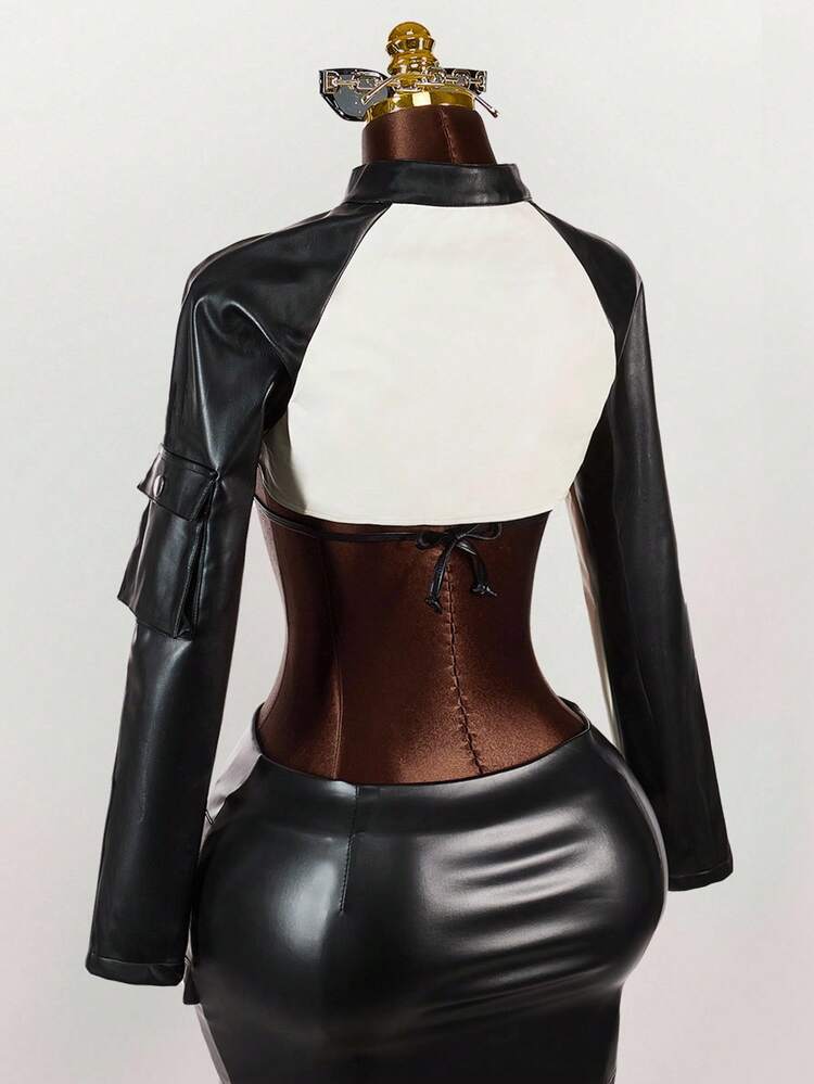 Amplova Zweifarbige Raglan Ärmel Crop Jacke ohne BH für Frauen, Herbstkleidung - Verschiedenfarbig - Übersicht 3