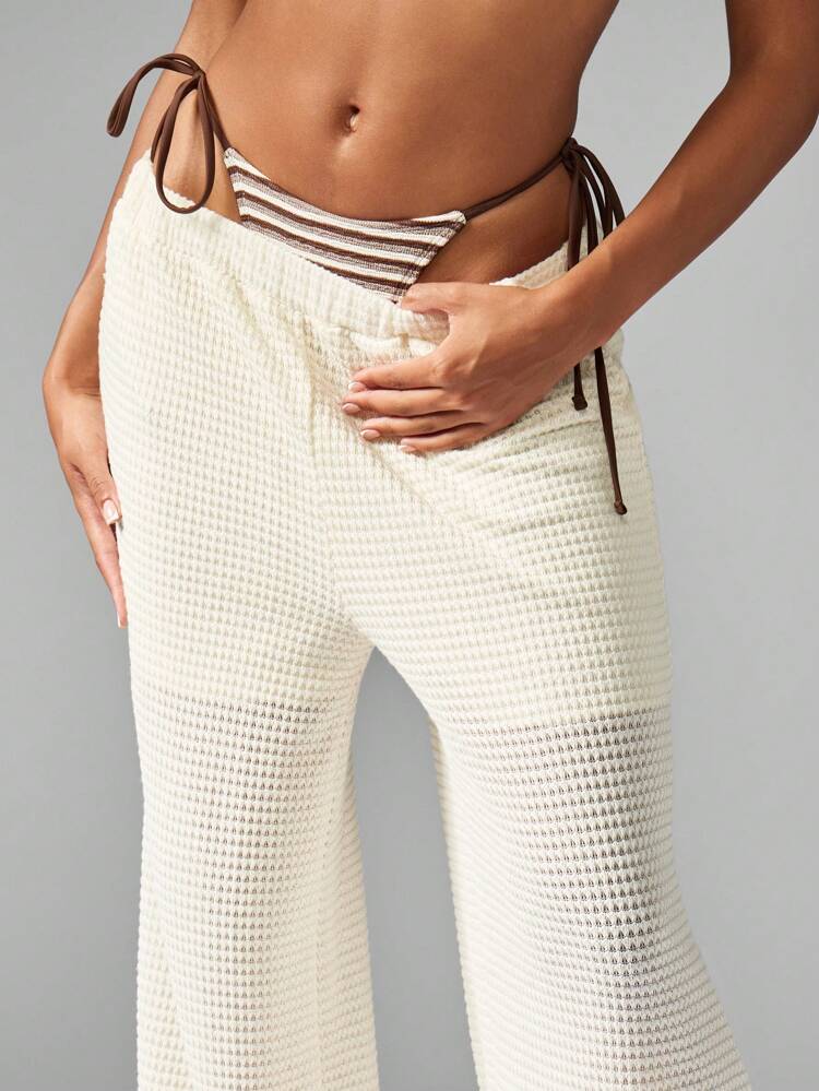 MISSGUIDED Crochet Knit Wide Leg Beach Palazzo Pants Summer Resort Wear High Waisted Trouser Pool Party Vacation Loungewear Sand Color