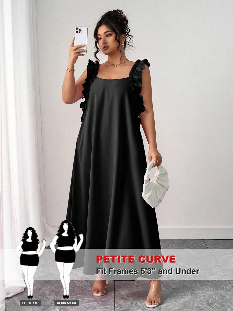 SHEIN PETITE 大码女式荷叶边方领连衣裙 - 黑色 - 查看 1