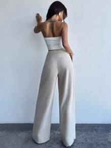 Firerie 女士新款简约优雅绿色中腰宽松直筒裤，百搭日常休闲装、通勤装、时尚装、夏季装、办公室装、海滩度假装 - 杏色 - 查看 4