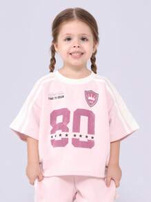 SUMWON طقم تي شيرت أكمام قصيرة مشترك مع شارة والأرقام الجامعية، قطعة صيفية ناعمة كاجوال مريحة تي شيرت وشورت، طقم أساسي للموضة للفتيات - وردي - مشاهدة 3