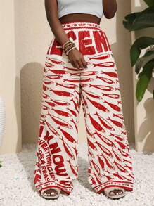 INAWLY 大码假日休闲鱼标语印花裤