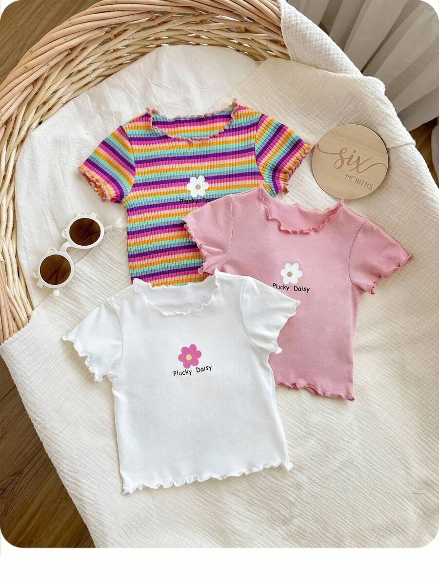 Baby Girl Casual Summer Colorful Striped & Flower Pattern Short Sleeve Top 3pcs Outfit Set - Multicolor - View 1
