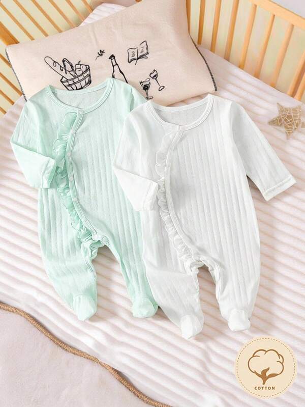 2pcs Newborn Cozy Home Outfit, Sweet Cute Jacquard White & Light Green Long Sleeve Footed Romper Set