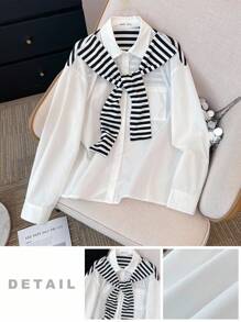 SHEIN Camisa suelta de manga larga de moda casual diaria con estampado de rayas y chal de 2 en 1 para adolescentes, adecuada para primavera, otoño e invierno, versión coreana, con cuello marinero, lazo y rayas en blanco y negro