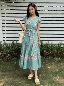 SHEIN Vestido informal para adolescentes con estampado floral, manga corta, escote en V y cintura con lazo - Verde - Ver 6