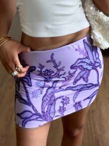 SHEIN EZwear Chân váy bút chì đính sequin hoa cho nữ - Màu Lilac Tím - Xem 4