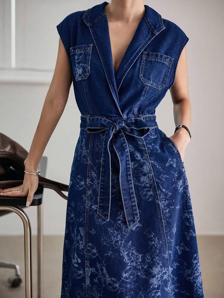 Summer Plus Size Loose Sleeveless Floral Print & Embroidery Butterfly Long Dress With Waist Belt Dress