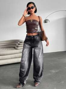 QUẦN JEAN THẤP CẠP LOOSE FIT PHONG CÁCH ĐƯỜNG PHỐ - Màu Xám nhạt - Xem 6