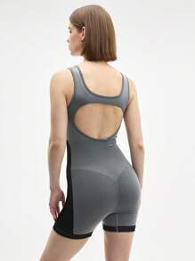 Eassivo Women's Black&Grey Block Round Neck Active Jumpsuit - Seamless Sports Bodysuit For Yoga And Activewear