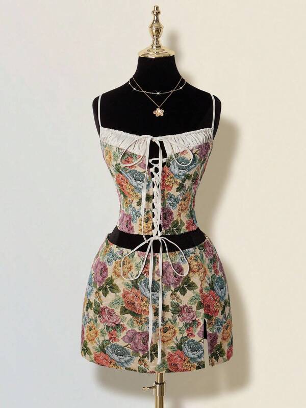 Sweetina Women's Homecoming Vintage Renaissance Formal Party Floral Jacquard Tie Up Camisole Top And Mini Skirt 2 Pieces Set, Fashionable