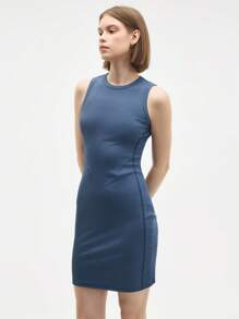 Easify SHEIN Sport Women's Active Blue Sleeveless Rib Knit Short Dress, Perfect For Gym, Casual Wear, Or A Relaxed Sporty Look