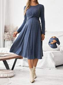 SHEIN Pregnant Women's Casual Solid Color Twist Waist Nursing Dress, Spring/Autumn - Blue - View 1