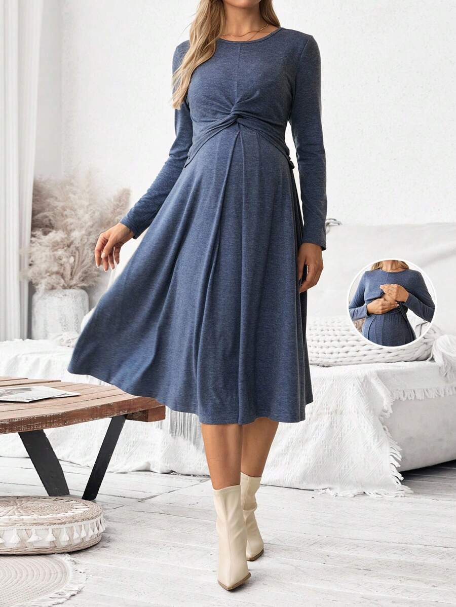 SHEIN Pregnant Women's Casual Solid Color Twist Waist Nursing Dress, Spring/Autumn - Blue - View 1