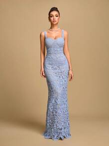 Glamine 女士优雅正式修身长吊带连衣裙 - 水藍色 - 查看 3