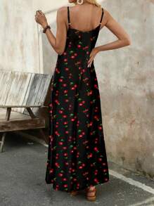 SHEIN LUNE 女士樱桃印花弹力针织时尚休闲度假细肩带连衣裙，适合夏季 - 彩色 - 查看 2