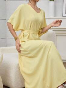 Yasmyna 中东阿拉伯风格黄色V领修腰修身连衣裙，夏季新款女士 - 黃色 - 查看 7