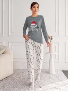 EURMUSE Ensemble de pyjama pour femmes avec chapeau de Noël confortable, Top à manches longues et pantalon imprimés de lettres - Gris pâle - Voir 4