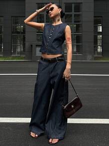 DAZY 2 piezas Conjunto casual de mujer con top sin mangas y pantalones anchos de mezclilla para uso al aire libre - Azul - Ver 7