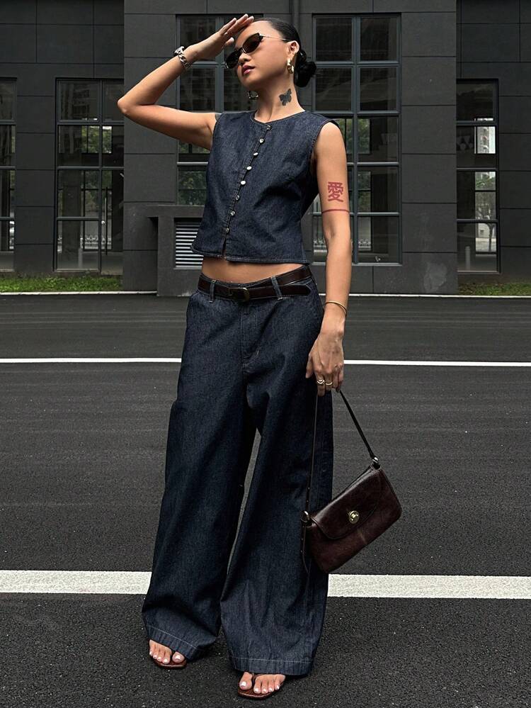 2pcs Women Casual Outdoor Sleeveless Top & Wide Leg Pants Denim Suit Denim Two Piece Set Women Denim Two Piece Outfits Denim Outfit Women Wide Leg Jeans Jean Crop Top