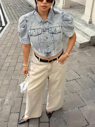 Jeanoix 大码女式夏季休闲街头泡泡短袖翻领口袋短款牛仔夹克