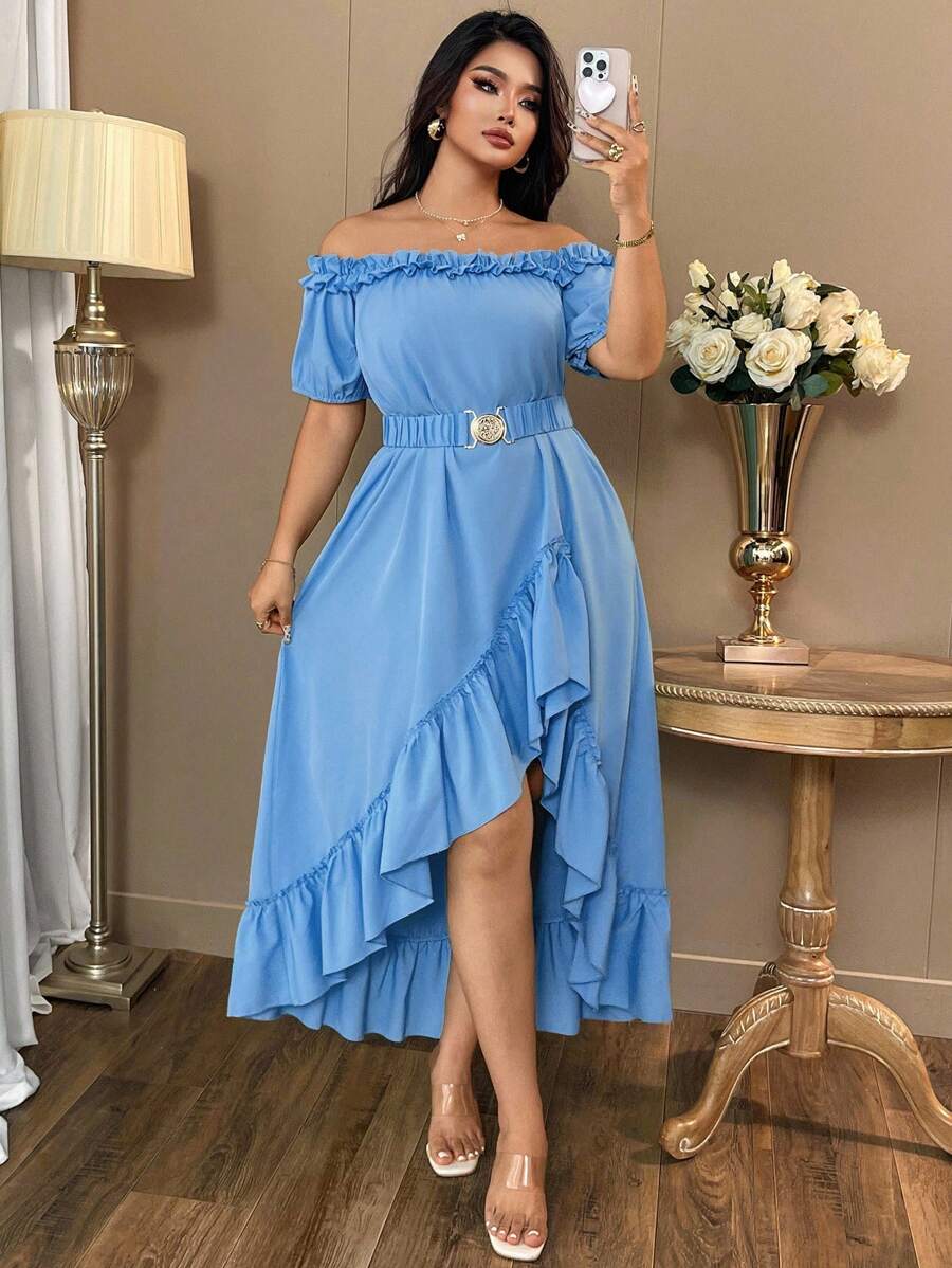 SHEIN Clasi 女士纯色梭织露肩荷叶边不对称腰部系带连衣裙，夏季 - 淺藍色 - 查看 1