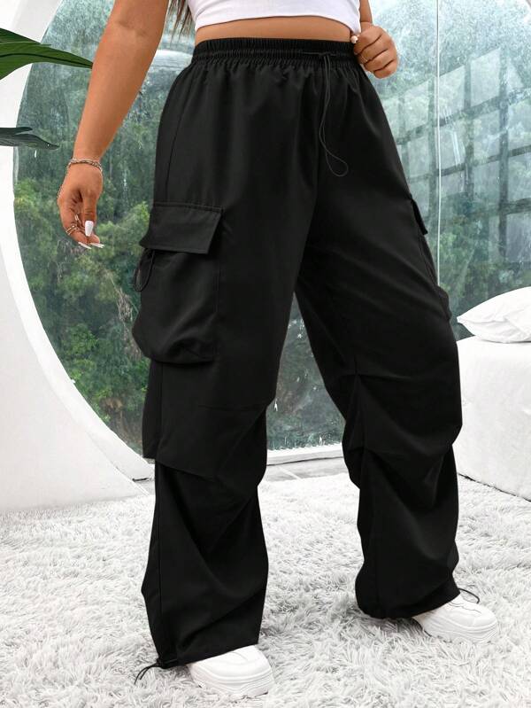 SHEIN EZwear Plus Size Solid Color Front Tie Minimalist Casual Pants Pantalones De Mujer