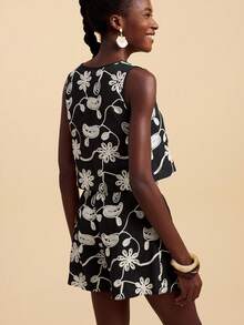 Travachic 2 件套女士节日花卉刺绣吊带背心和短裤，女士秋季服装，波西米亚风格，女士秋季服装，新款秋季时尚女士，女士两件套 - 黑色 - 查看 2