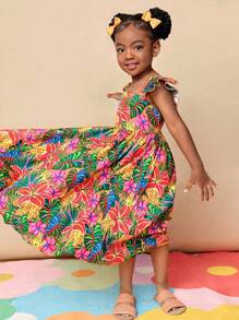 CutesyCutie Young Girl Woven Ditsy Floral Square Collar Ruffle Hem Casual Dress Hawaiian Dress For Girls Kids Vacation Dress Tropical Dress For Girls Girls Summer Dress Kids Luau Dress - Multicolor - View 7