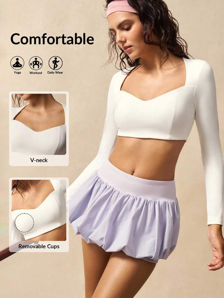 VARSIVA Workout Women Tops Women's Simple Solid Color Keyhole Neckline Cropped Tight Fit Long Sleeve Sporty T-Shirt Gym Top - White - View 1