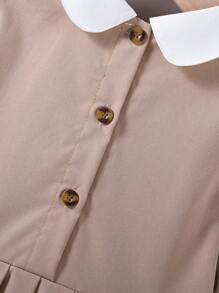 1pc Young Girl Woven Dress, Children Comfortable Khaki Long Sleeve Pleated Dress With Bow And Button Decoration, Fresh And Cute Style Suitable For Autumn, Loose Fit For Various Occasions Like Vacation, Travel, Daily Wear,Back To School Clothes Fall Winter - Khaki - View 6