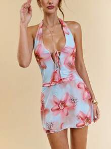 SHEIN BAE Women's Summer Vacation Floral Print Halter Open Back Dress