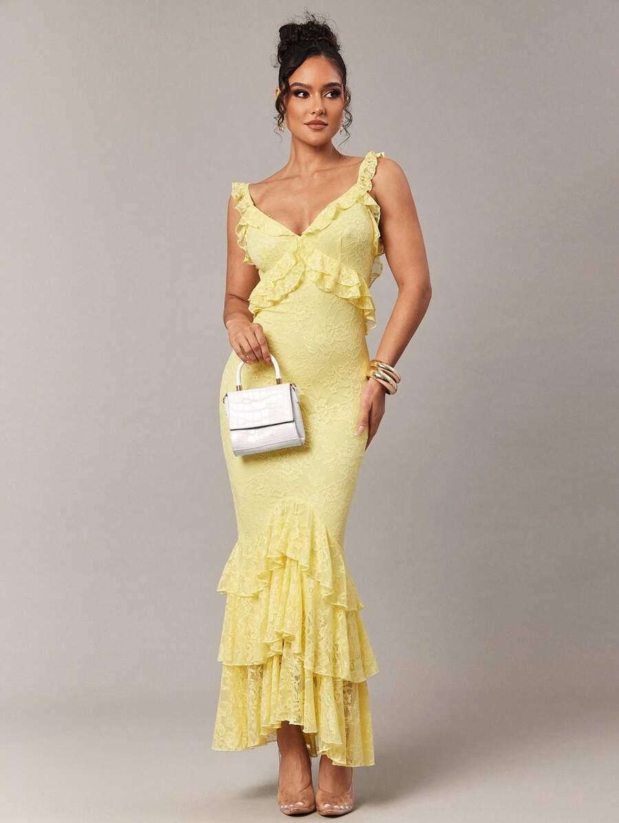 Silquee Premium Early Autumn Summer Cream Yellow Ladies Floral Stretch Lace Ruffle Straps Slim Asymmetrical Multi-Layered Ruffle Hem Dress, Elegant Dress, Tea Party Dress