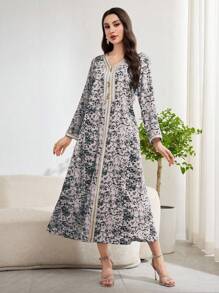 Al Najma Women Floral Print Patchwork Strap Loose Arabian Long Dress - Multicolor - View 5