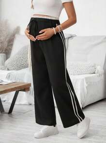 SHEIN Solid Color Patchwork Casual Long Maternity Pants With Drawstring And Ruffle Hem