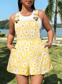 SHEIN MOOSTA Plus Size Women Leisure Daisy Print Jumpsuit Romper - Multicolor - View 5