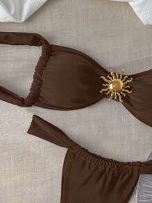 Swim Chiccia Solid Color Triangle Cup Metallic Sun Decoration Bikini Set For Summer Beach Vacation - Coffee Brown - View 4
